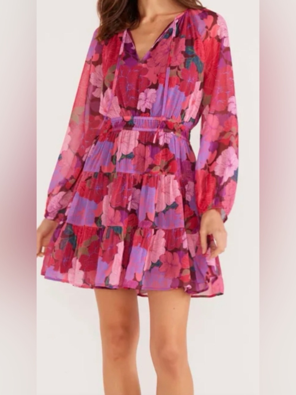 MINKPINK Floral Mini Dress Size S Pink Purple Boho Ruffle Tiered Long Sleeve NWT